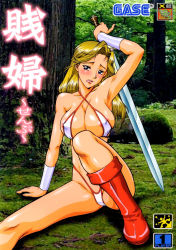 Rule 34 | 1girl, arcade, arm support, armpits, bikini, blonde hair, blue eyes, boots, brand name imitation, breasts, cleavage, covered erect nipples, criss-criss top, criss-cross halter, criss cross top, golden axe, halterneck, halterneck, highres, large breasts, sega, sitting, solo, swimsuit, sword, thighs, tongue, tyris flare, umedama nabu, video game, weapon