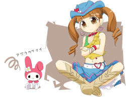 Rule 34 | 00s, 1girl, belt, boots, breasts, brown hair, cleavage, collar, cowboy hat, cowboy western, crossed arms, drill hair, earrings, hat, heart, indian style, ixy, jewelry, legs, long hair, looking at viewer, midriff, my melody, onegai my melody, sanrio, sitting, small breasts, solo, twintails, yumeno uta