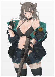 Rule 34 | 1girl, aac honey badger, advanced armament corporation, aqua nails, aqua skirt, artist name, assault rifle, bare shoulders, black bra, black choker, black gloves, black thighhighs, blush, bra, breasts, carbine, choker, cleavage, clothes pull, collarbone, commission, feet out of frame, fingerless gloves, girls&#039; frontline, gloves, grey hair, gun, headphones, highres, holding, holding weapon, honey badger (girls&#039; frontline), integral suppressor, integrally-suppressed firearm, jacket, jacket pull, long hair, looking at viewer, medium breasts, multicolored clothes, multicolored jacket, nail polish, navel, open clothes, open jacket, open mouth, personal defense weapon, pixiv commission, purple eyes, q (firearms company), rifle, skirt, solo, standing, suppressor, sutekina awa, thighhighs, underwear, weapon, white background