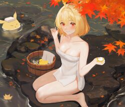 Rule 34 | 1girl, animal ears, autumn leaves, barefoot, blonde hair, blush, breasts, bucket, closed mouth, collarbone, crossed bangs, feet, full body, hair between eyes, hair intakes, holding, indie virtual youtuber, large breasts, legs, mole, naked towel, onsen, red eyes, rock, shino (shinotsuki3423), sitting, smile, solo, thighs, toes, towel, wooden bucket
