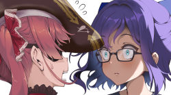 Rule 34 | 2girls, a-chan (hololive), black headwear, blue eyes, blue hair, blush, closed mouth, constricted pupils, eyepatch, flying sweatdrops, glasses, hair ribbon, hat, hololive, houshou marine, kubota masaki, looking at another, multiple girls, open mouth, pirate hat, portrait, red hair, red ribbon, ribbon, simple background, sweatdrop, virtual youtuber, white background