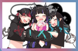 Rule 34 | 3girls, absurdres, black hair, black jacket, blue hair, blunt bangs, blush, bouquet, chain, closed eyes, clothing cutout, commentary request, cropped jacket, cross-laced clothes, cross-laced sleeves, demon girl, demon horns, demon tail, ear chain, ear piercing, flower, highres, holding, holding bouquet, horns, hug, jacket, kojo anna, long hair, long sleeves, midriff, multicolored hair, multiple girls, nanashi inc., navel, off shoulder, open mouth, piercing, pink flower, pointy ears, purple hair, red hair, ryugasaki rene, shishio chris, short hair, shoulder cutout, smile, sugar lyric, tail, twintails, two-tone hair, upper body, virtual youtuber, zipper, zono (inokura syuzo029)