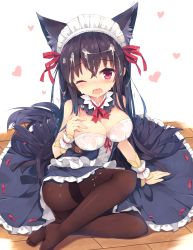 Rule 34 | 1girl, animal ears, black hair, black pantyhose, blush, breasts, cleavage, cum, cum on body, cum on hair, cum on lower body, dress, facial, fox ears, fox tail, hair ribbon, heart, highres, large breasts, long hair, looking at viewer, maid headdress, nibiiro shizuka, no shoes, one eye closed, open mouth, original, pantyhose, pink eyes, red ribbon, ribbon, solo, tail, thighband pantyhose, wince, wrist cuffs