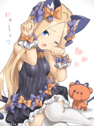 Rule 34 | 1girl, ;o, abigail williams (fate), animal ears, black bow, black dress, blonde hair, blue eyes, blush, bow, breasts, cat day, cat ears, cat girl, cat tail, dress, fang, fate (series), frilled dress, frills, hair bow, head tilt, heart, kemonomimi mode, lavinia whateley (fate), long hair, looking at viewer, one eye closed, open mouth, orange bow, parted bangs, paw pose, polka dot, polka dot bow, simple background, sleeveless, sleeveless dress, small breasts, solo, stuffed animal, stuffed toy, tail, tail bow, tail ornament, teddy bear, thighhighs, tyone, very long hair, white background, white thighhighs, wrist cuffs, zettai ryouiki