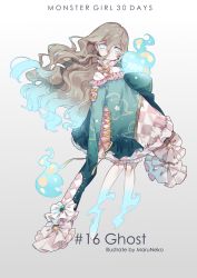 Rule 34 | 1girl, aqua eyes, aqua hair, artist name, blue hair, bow, brooch, brown hair, cloud print, cross-laced clothes, dress, empty eyes, floating, floating hair, frills, full body, ghost, gradient hair, green dress, grey background, hair between eyes, high collar, hitodama, jewelry, lace, lace-trimmed dress, lace trim, layered dress, long hair, looking at viewer, maruneko, multicolored hair, off-shoulder dress, off shoulder, original, short dress, sleeves past fingers, sleeves past wrists, solo, very long hair, very long sleeves, wavy hair, white bow, yellow bow