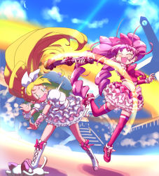 Rule 34 | 10s, 2girls, :d, animal ears, blonde hair, blush, boots, bow, cat, cat ears, cat tail, cure melody, cure rhythm, dress, earrings, closed eyes, happy, houjou hibiki, hummy (suite precure), jewelry, jumping, knee boots, long hair, magical girl, midriff, minamino kanade, multiple girls, navel, o o, open mouth, pink bow, pink hair, precure, shimetta seiya, skirt, smile, stepped on, suite precure, tail, thighhighs, twintails, very long hair, wrist cuffs
