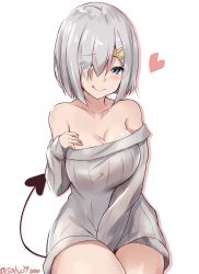 Rule 34 | 1girl, blue eyes, blush, breasts, collarbone, demon tail, eyes visible through hair, hair ornament, hair over one eye, hairclip, hamakaze (kancolle), heart, highres, kantai collection, large breasts, long sleeves, off-shoulder sweater, off shoulder, saku (kudrove), short hair, silver hair, simple background, smile, solo, sweater, tail, tongue, tongue out, twitter username, white background, white sweater