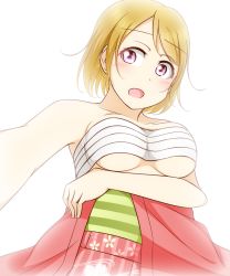 Rule 34 | 10s, 1girl, bandages, bandages around chest, blush, breasts, brown hair, feitonokesin, highres, japanese clothes, kimono, koizumi hanayo, large breasts, looking at viewer, love live!, love live! school idol project, open mouth, purple eyes, short hair, simple background, solo, standing, underboob, upper body, white background