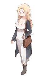 Rule 34 | 1girl, absurdres, ankle boots, bag, black footwear, blonde hair, blue eyes, boots, breasts, cleavage, closed mouth, coat, dress, grey coat, highres, large breasts, long dress, long hair, looking at viewer, open clothes, open coat, original, ryusei hashida, shoulder bag, signature, simple background, smile, solo, watch, white background, white dress, wristwatch