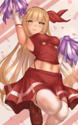 Rule 34 | 1girl, arm up, armpits, back bow, blonde hair, bow, brown footwear, buttons, cheerleader, crop top, ellen (touhou), green hair, hair bow, highres, holding, holding pom poms, long hair, midriff, navel, open mouth, pleated skirt, pom pom (cheerleading), pom poms, red bow, red shirt, red skirt, shirt, shounen (hogehoge), skirt, sleeveless, sleeveless shirt, stomach, thighhighs, touhou, touhou (pc-98), very long hair, white thighhighs, zettai ryouiki