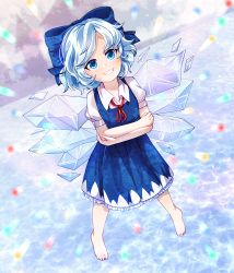 Rule 34 | 1girl, absurdres, artist name, barefoot, blue dress, blue eyes, blue hair, blush, bow, bowtie, buttons, cirno, closed mouth, cloud, cloudy sky, collared shirt, commentary, crossed arms, danmaku, dress, dungeon toaster, embodiment of scarlet devil, english commentary, grey sky, hair between eyes, highres, ice, ice wings, lake, looking up, puffy short sleeves, puffy sleeves, red bow, red bowtie, shirt, short hair, short sleeves, sky, smile, snowflake print, solo, teeth, touhou, v-shaped eyebrows, water, white shirt, wings