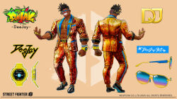 Rule 34 | 1boy, abs, absurdres, capcom, character name, character sheet, copyright name, dark-skinned male, dark skin, dee jay, dreadlocks, formal, highres, jewelry, multiple rings, necklace, no shirt, official alternate costume, official alternate hairstyle, official art, ring, sequins, smile, street fighter, street fighter 6, suit, sunglasses, watch, wristwatch