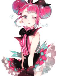 Rule 34 | 1girl, aqua eyes, black bow, blush, bow, bowtie, double bun, dress, earrings, frilled skirt, frills, gloves, hair bun, heart, jewelry, looking at viewer, multicolored eyes, multicolored hair, open mouth, original, pink eyes, pink hair, piyo (ppotatto), shirt, sidelocks, simple background, skirt, sleeveless, sleeveless shirt, solo, solo focus, striped clothes, striped dress, striped shirt, suspenders, third-party source, two-tone hair, vertical-striped clothes, vertical-striped shirt, white background