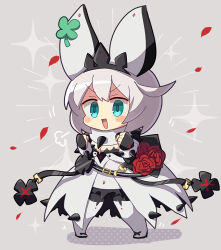 Rule 34 | 1girl, ahoge, black gloves, blue eyes, boots, bouquet, bracelet, breasts, cleavage, cleavage cutout, clothing cutout, clover, collar, dress, elphelt valentine, fingerless gloves, flower, four-leaf clover, gloves, guilty gear, guilty gear xrd, hairband, highres, holding, holding bouquet, huge ahoge, itsuka neru, jewelry, large breasts, looking at viewer, medium hair, open mouth, petals, red flower, red rose, rose, rose petals, simple background, smile, spiked bracelet, spiked collar, spiked hairband, spikes, thigh boots, white dress, white footwear, white hair