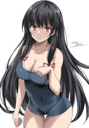 Rule 34 | 1girl, alternate breast size, artist name, black hair, blue one-piece swimsuit, breasts, commentary request, competition school swimsuit, cowboy shot, dated, gakky, hair ribbon, highres, isokaze (kancolle), kantai collection, long hair, looking at viewer, one-hour drawing challenge, one-piece swimsuit, red eyes, ribbon, school swimsuit, small breasts, solo, standing, swimsuit, tress ribbon, twitter username