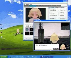 1girl ahoge backpack bag black_pants bliss_(image) blonde_hair closed_mouth commentary computer desktop_(computing) earphones english_text green_background grey_shirt highres li_shay microsoft_windows multiple_views original pants russian_text shirt short_hair sitting taskbar translated white_shirt window_(computing) desktop_(computing) windows_xp yellow_eyes