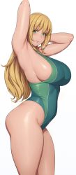 Rule 34 | 1girl, armpits, arms up, ass, atago (kancolle), blonde hair, breasts, commentary, competition swimsuit, from side, green eyes, highres, kantai collection, large breasts, looking at viewer, looking to the side, lvl (sentrythe2310), one-piece swimsuit, raised eyebrows, sideboob, simple background, smile, solo, swimsuit, thick thighs, thighs, white background