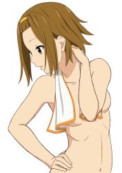 Rule 34 | 00s, 1girl, blush, breasts, brown eyes, brown hair, convenient censoring, hairband, hand on own hip, hand on own neck, k-on!, matching hair/eyes, navel, nude, parted lips, short hair, simple background, solo, standing, tainaka ritsu, towel, towel around neck, towel over breasts, tsukkun, white background