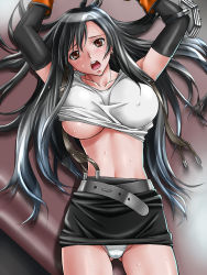 Rule 34 | 1990s (style), 1girl, :o, arms up, bdsm, black hair, blush, bondage, bound, breasts, brown background, brown eyes, covered erect nipples, final fantasy, final fantasy vii, highres, large breasts, long hair, looking at viewer, midriff, miniskirt, navel, no bra, panties, pantyshot, pencil skirt, retro artstyle, shirt, skirt, solo, surprised, suspenders, sweat, switch01, taut clothes, taut shirt, thigh gap, tifa lockhart, underboob, underwear, upskirt, white panties