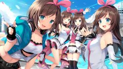Rule 34 | 4girls, alternate costume, azur lane, bare shoulders, bird, blue eyes, blue sky, blush, bow, bowtie, breasts, brown hair, buttons, cloud, commentary request, day, detached collar, detached sleeves, double-breasted, dress, fingerless gloves, gloves, hairband, hand up, headphones, kizuna ai, kizuna ai (a.i. games), kizuna ai (anniversary), kizuna ai (anniversary) (azur lane), kizuna ai (elegant), kizuna ai (elegant) (azur lane), kizuna ai (supergamer) (azur lane), kizuna ai inc., kurot, lace-trimmed sleeves, lace trim, leg up, long hair, looking at viewer, medium breasts, multicolored hair, multiple girls, multiple persona, necktie, official alternate costume, official art, one eye closed, open clothes, open dress, open mouth, outdoors, pink hair, pink hairband, pointing, ribbon, seagull, ship, shirt, shorts, sidelocks, sky, smile, strapless, streaked hair, thigh strap, thighhighs, tube top, virtual youtuber, watercraft, white shorts, wind