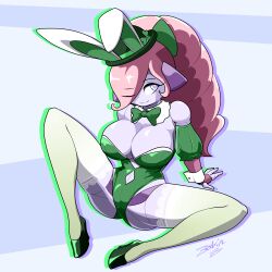 Rule 34 | 1girl, android, artist name, blue eyes, bow, bowtie, breasts, cleavage, clover, collar, four-leaf clover, hair bow, hair over one eye, hat, heart, heart in eye, high heels, highres, humanoid robot, joints, large breasts, legs apart, leotard, maroon hair, one eye closed, original, ponytail, rabbit ears, robot, robot joints, symbol in eye, thighhighs, wink, zedrin