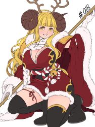 Rule 34 | 1girl, anila (granblue fantasy), antlers, bell, blonde hair, blush, breasts, christmas clothes, cleavage, draph, granblue fantasy, highres, horns, large breasts, long hair, looking at viewer, mefomefo, navel, nose, numbered, open mouth, reindeer antlers, sheep horns, short eyebrows, smile, solo, swimsuit, thick eyebrows, thighhighs, thighs, very long hair, yellow eyes