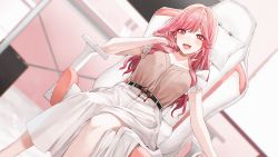 Rule 34 | 1girl, :d, belt, blush, breasts, chair, cleavage, dutch angle, earrings, highres, jewelry, large breasts, long hair, looking at viewer, open mouth, original, pink eyes, pink hair, sinomi, sitting, skirt, smile, solo