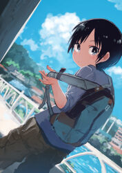 Rule 34 | 1girl, backpack, bag, black hair, blue sky, blurry, blurry background, blush, brown pants, building, closed mouth, cloud, commentary request, depth of field, dutch angle, highres, inami hatoko, kurosaki honoka, looking at viewer, pants, river, shadow, short hair, sky, sleeves past elbows, solo, yama no susume