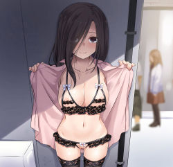 Rule 34 | 1girl, akase haruka, black bra, black panties, black thighhighs, blurry, blurry background, blush, bow, bow bra, bow panties, bra, breasts, brown eyes, brown hair, cleavage, closed mouth, collarbone, commentary request, cowboy shot, crotchless, crotchless panties, depth of field, exhibitionism, eyes visible through hair, hair over one eye, jacket, lace, lace-trimmed bra, lace-trimmed legwear, lace-trimmed panties, lace trim, long hair, looking at viewer, medium breasts, nakajima yuka, navel, open clothes, open jacket, original, paid reward available, panties, photoshop (medium), pink jacket, public indecency, pussy juice, smile, solo, thighhighs, underwear