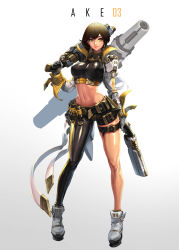 Rule 34 | 1girl, absurdres, ammunition belt, ammunition pouch, armor, asymmetrical legwear, belt, breasts, brown hair, cherrylich, crop top, cropped jacket, daeho cha, dual wielding, gauntlets, gun, handgun, highres, holding, large breasts, lips, looking at viewer, mecha musume, midriff, original, over shoulder, pauldrons, pistol, pouch, rocket launcher, shoulder armor, smile, solo, uneven legwear, weapon, weapon over shoulder, yellow eyes