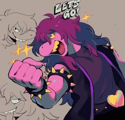 Rule 34 | 1girl, bad id, bad twitter id, bracelet, colored sclera, colored skin, commentary, deltarune, english commentary, english text, freckles, furry, heart belt, jewelry, multiple views, open mouth, purple hair, simple background, smile, sorrysap, sparkle, spiked bracelet, spikes, susie (deltarune), yellow sclera, yellow teeth