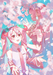 Rule 34 | 2girls, 6o2 (rokumaruni), absurdres, bare shoulders, breasts, cherry blossoms, cherry hair ornament, collared shirt, commentary, detached sleeves, falling petals, food-themed hair ornament, from side, hair between eyes, hair ornament, hatsune miku, headset, highres, light blush, long hair, medium breasts, megurine luka, multiple girls, necktie, number tattoo, open hands, open mouth, outdoors, petals, pink eyes, pink hair, pink necktie, pink skirt, pink sleeves, pink vest, profile, sakura miku, shirt, shoulder tattoo, skirt, sleeveless, sleeveless shirt, small breasts, smile, spring (season), tattoo, twintails, upper body, very long hair, vest, vocaloid, white shirt, wide sleeves