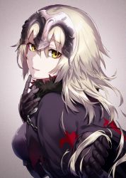 Rule 34 | arisaka ako, blonde hair, breasts, capelet, chain, fate/grand order, fate (series), fleur-de-lis, from side, fur trim, headpiece, highres, holding, holding hair, jeanne d&#039;arc (fate), jeanne d&#039;arc (ruler) (fate), jeanne d&#039;arc alter (avenger) (fate), jeanne d&#039;arc alter (fate), large breasts, light smile, looking at viewer, outstretched hand, solo, upper body, yellow eyes