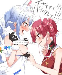 Rule 34 | 2girls, animal ear fluff, assisted exposure, blue hair, blush, braid, breasts, carrot hair ornament, clothes pull, dress, dress pull, drooling, embarrassed, food-themed hair ornament, from side, gloves, hair ornament, hair ribbon, heart, highres, hololive, houshou marine, multiple girls, neckerchief, nipples, open mouth, rabbit ears, red eyes, red hair, ribbon, shirt, short twintails, simple background, sleeveless, sleeveless shirt, spoken heart, twintails, usada pekora, usada pekora (1st costume), usagi koushaku, virtual youtuber, white background, white dress