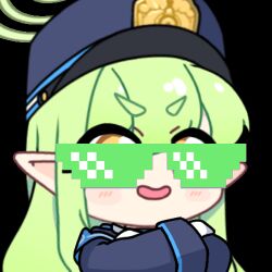 Rule 34 | 1girl, acomu414, animated, animated gif, bad source, black hat, black jacket, blue archive, commentary, crossed arms, deal with it (meme), english commentary, gloves, green hair, green halo, grin, halo, hat, hikari (blue archive), jacket, long hair, long sleeves, looking at viewer, looping animation, lowres, meme, peaked cap, pointy ears, rainbow-tinted eyewear, smile, solo, sunglasses, transparent background, upper body, v-shaped eyebrows, white gloves, yellow eyes