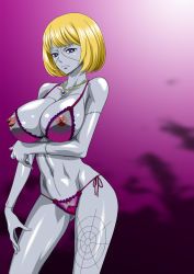 Rule 34 | 1girl, bare shoulders, blonde hair, blue skin, bra, breasts, cleavage, colored skin, highres, huge breasts, jewelry, legs, lingerie, looking at viewer, navel, necklace, nel-zel formula, nipples, one piece, panties, purple eyes, scar, see-through, serious, short hair, simple background, solo, standing, thighs, underwear, victoria cindry, zombie, zombie girl