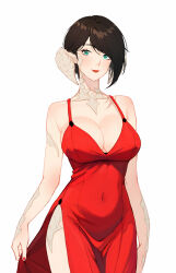 Rule 34 | 1girl, au ra, warrior of light (ff14), black hair, breasts, cleavage, cowboy shot, dragon horns, dress, final fantasy, final fantasy xiv, green eyes, highres, horns, large breasts, long sleeves, lyra-kotto, red dress, scales, short hair, side slit, smile, solo, standing, white background