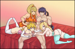 Rule 34 | 1boy, 3girls, abs, alternate costume, aqua eyes, ass, assist, bike shorts, blonde hair, blue eyes, blue hair, bracelet, breasts, caressing testicles, cleavage, closed eyes, clothed female nude male, corset, crossover, crown, cum, cum in mouth, dick hammersmith, earrings, elbow gloves, fellatio, fire emblem, fire emblem: path of radiance, garter belt, garter straps, gloves, green legwear, group sex, hair over one eye, hands on another&#039;s head, happy, happy sex, harem, headband, hetero, highres, ike (fire emblem), irrumatio, jewelry, large breasts, lips, mario (series), medium breasts, metroid, multiple girls, muscular, muscular female, neon trim, nintendo, nipples, no panties, nude, on bed, oral, cum overflow, penis, pimp, ponytail, princess peach, pussy, ring, rosalina, samus aran, sidelocks, sports bra, super mario bros. 1, super mario galaxy, super smash bros., teamwork, testicle grab, testicles, thighhighs, toned, topless, uncensored, white gloves, white legwear