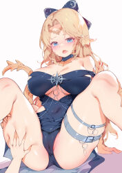 Rule 34 | 1girl, absurdres, armpit crease, au ra, warrior of light (ff14), belt, belt bra, belt buckle, blonde hair, blue belt, blue choker, blue dress, blue eyes, blush, breasts, buckle, cameltoe, chain, choker, cleavage, clothing cutout, covered navel, deep skin, dragon girl, dragon horns, dragon tail, dress, feet out of frame, final fantasy, final fantasy xiv, grabbing own thigh, hair ribbon, hand on another&#039;s thigh, highres, horns, impossible clothes, impossible dress, jewelry, large breasts, leg belt, long hair, looking at viewer, multiple belts, o-ring, open mouth, out of character, pussy juice, ribbon, scales, simple background, sitting, skindentation, solo, spread legs, star ornament, tail, underboob, underboob cutout, white background, white belt, zhazhapao