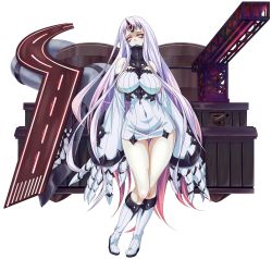 Rule 34 | 10s, 1girl, abyssal ship, alternate hair color, bags under eyes, bare shoulders, between breasts, boots, breasts, claws, collar, commentary request, covered navel, curvy, detached sleeves, dress, full body, giant hand, highres, horns, kantai collection, knee boots, large breasts, light purple hair, long hair, looking at viewer, multicolored hair, red eyes, seaport princess, short dress, sideboob, single horn, slit pupils, solo, standing, straight-on, tachi-e, thigh gap, transparent background, turret, two-tone hair, very long hair, white footwear, wide hips, zephid