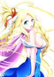 Rule 34 | 1girl, arm up, bare shoulders, blonde hair, blue dress, blue eyes, braid, breasts, covered erect nipples, dress, feathered wings, hair ornament, head wings, idunna (p&amp;d), large breasts, long hair, looking at viewer, looking back, merry (diameri), open mouth, ponytail, purple scarf, puzzle &amp; dragons, scarf, sideboob, simple background, sleeveless, sleeveless dress, solo, twin braids, white background, white wings, wings
