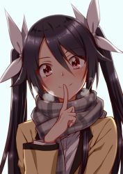 Rule 34 | 1girl, black hair, blazer, blush, breath, closed mouth, finger to mouth, hair between eyes, hair ribbon, head tilt, highres, index finger raised, jacket, long hair, long sleeves, looking at viewer, ore twintail ni narimasu, plaid, plaid scarf, red eyes, ribbon, scarf, school uniform, shirt, simple background, smile, solo, standing, tsube aika, twintails, white shirt, yuto (dialique)