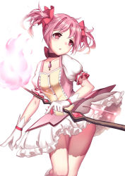 Rule 34 | 1girl, bow, bow (weapon), choker, collarbone, frilled skirt, frills, gloves, hair bow, head tilt, hiroshiko (restart), holding, holding bow (weapon), holding weapon, kaname madoka, mahou shoujo madoka magica, mahou shoujo madoka magica (anime), miniskirt, parted lips, pink hair, red bow, red eyes, short hair, short sleeves, skirt, solo, twintails, weapon, white background, white gloves, white skirt