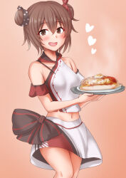 Rule 34 | 1girl, anti (untea9), black bow, bow, brown eyes, brown hair, cowboy shot, double bun, food, gradient background, hair bun, heart, highres, kantai collection, multicolored clothes, multicolored skirt, official alternate costume, red background, shirt, short hair, skirt, smile, solo, tan yang (kancolle), white shirt, white skirt, yukikaze (kancolle)