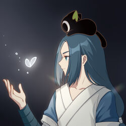 Rule 34 | 1boy, animal, animal on head, black cat, blue eyes, blue hair, bug, butterfly, cat, closed mouth, collarbone, grey background, hand up, highres, insect, japanese clothes, kimono, long hair, luo xiaohei, male focus, on head, profile, que meng meng, short sleeves, smile, luo xiaohei zhanji, upper body, white kimono, wuxian (the legend of luoxiaohei)