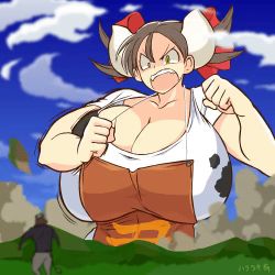 Rule 34 | 1boy, 1girl, angry, animal print, animated, animated gif, apron, breasts, brown hair, cleavage, collarbone, cow girl, cow horns, cow print, giant, giantess, gigantic breasts, hataraki ari, horns, huge giantess, lowres, open mouth, original, outdoors, sukimi, twintails, yellow eyes