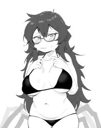 Rule 34 | 1girl, arthropod girl, belly, blush, bra, breasts, embarrassed, fangs, fingers together, glasses, gs16 (chug), highres, insect girl, jourjii, large breasts, long hair, looking down, messy hair, monochrome, multiple legs, navel, nervous, original, panties, solo, spider girl, thick thighs, thighs, underwear, white background, worried