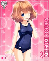 Rule 34 | 1girl, blonde hair, blue eyes, breasts, card (medium), character name, competition swimsuit, girlfriend (kari), official art, ogura megumi, one-piece swimsuit, one eye closed, open mouth, pink background, qp:flapper, small breasts, smile, swimsuit, tagme