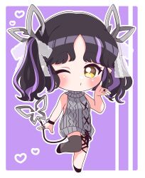 Rule 34 | 1girl, absurdres, aran sweater, black footwear, black hair, black ribbon, blowing kiss, blush, breasts, cable knit, chibi, commentary, demon girl, demon horns, demon tail, dress, full body, grey sweater, hair ribbon, heart, highres, horns, jewelry, kino haruc, kojo anna, kojo anna (3rd costume), lace, leg ribbon, long hair, looking at viewer, medium bangs, meme attire, multicolored hair, nanashi inc., o3o, official alternate costume, one eye closed, outline, parted bangs, pointy ears, purple background, purple hair, ribbed sweater, ribbon, ring, shoes, sideboob, single thighhigh, sleeveless, sleeveless sweater, small breasts, solo, standing, standing on one leg, sweater, sweater dress, tail, thighhighs, turtleneck, turtleneck sweater, two-tone background, two-tone hair, two side up, virgin killer sweater, virtual youtuber, watch, white background, white outline, white ribbon, wristwatch, yellow eyes