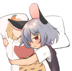 Rule 34 | 1girl, :t, animal ears, blush, closed mouth, commentary request, dakimakura (object), greenpiecerice, grey hair, grey vest, hair between eyes, hair over one eye, highres, hugging object, long bangs, looking at viewer, mouse ears, mouse girl, nazrin, pillow, pillow hug, red eyes, shirt, short hair, short sleeves, simple background, solo, tearing up, toramaru shou, touhou, upper body, vest, white background, white shirt